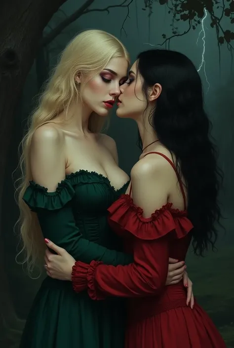 Two women,  a blonde and a black haired girl with long hair ,  and the black haired one embraces her neck with possessiveness , throwing the head back,  the blonde opens her mouth with pleasure , expression of pleasure,  hugging each other in a tree from a...