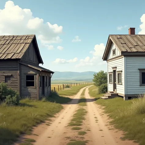 a dirt road ,  an old unpainted wooden ranch on the left side of the street,  a white wooden house on the right side of the street 
