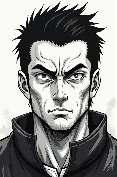 As a manga style man with very simple drawings, beaten and with a cold look 