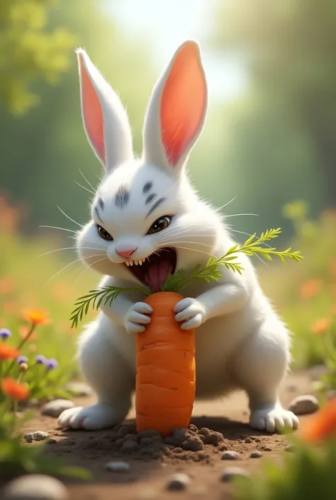  the white rabbit with gray spots ,  is crouching,  with its front legs holding the carrot ,  as it pulls with all its strength .  The expression on its face is one of effort and concentration , with clenched teeth. The carrot stands firmly on the ground ,...