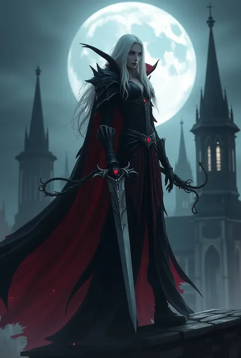 The image is a fantasy digital artwork that depicts a pale-skinned vampire warrior with long flowing white hair standing on a gothic rooftop under a full moon. The character is dressed in dark, detailed armor with a crimson hue, exuding a sinister aura. Th...