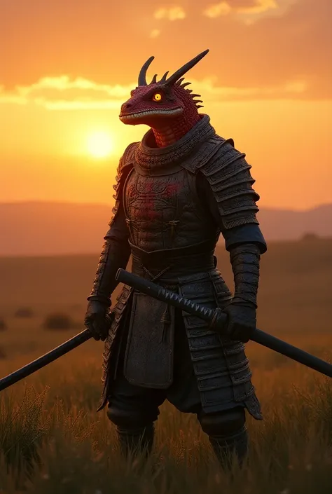 A red Kobold being a Ronin samurai going to face an army of a thousand soldiers killed alive on a plain at sunset