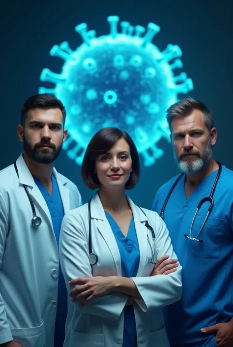 Three heroes, a woman and two men from the health sector in front of a mumps hologram, The woman has short hair ,  and the two men have beards all three wearing private hair 