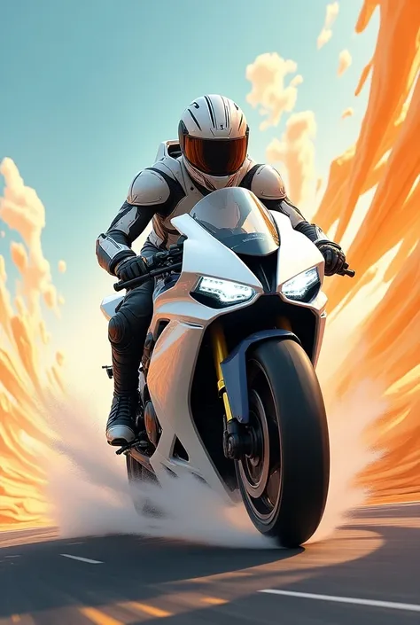 A person riding a white motorcycle 
Animated