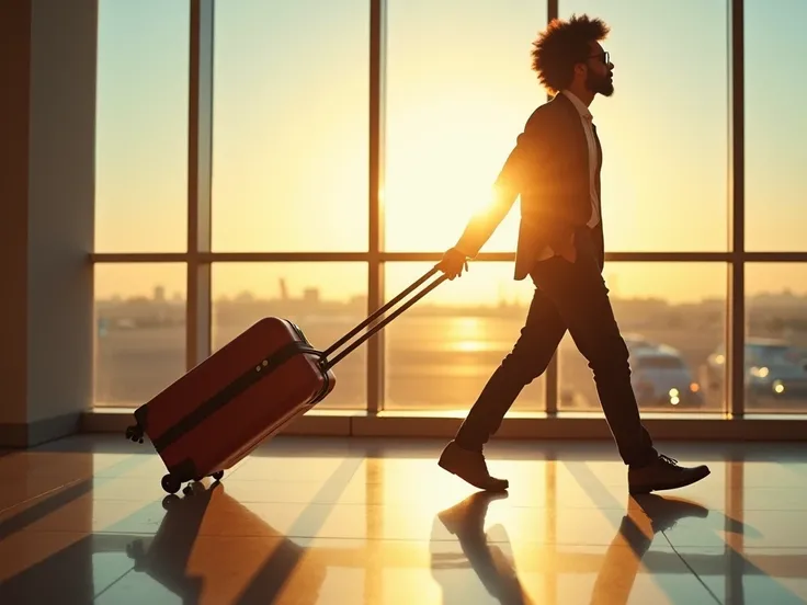 An Afro ,  man carrying only 1 suitcase with wheels through the airport, one hand in the pocket, Dark glasses walking ,  the sides of the scenery are windows where the sun enters illuminating the environment. sunny environment. Sunlight effects .  The man ...