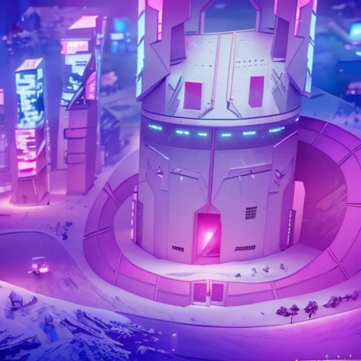 A beautiful cyberpunk futuristic fortress in a snow landscape, with futuristica skycrapers, 3d rendering, ultra realistic, uhd, White and Pink colori, Pink Sky, external metal wall