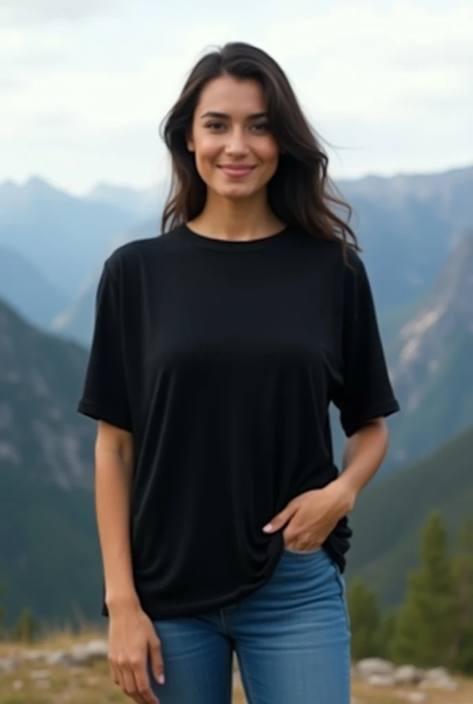 Beautiful Latin woman smiling,   standing straight looking forward ,with black t-shirt, jeans, on a mountain,  cotton texture of the t-shirt , oversized t-shirt, Round neck, half sleeves. Medium camera shot 