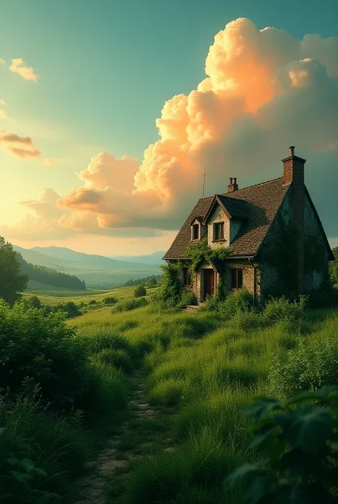 A house, foreground covered with overgrown green grass and vegetation,dark green is important. Orange realistic Cirrocumulus Cloud. Every Clouds are shiny. distance angle view,hd detail,8k,realistic is more important 