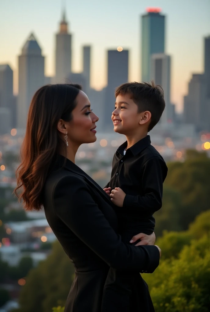 I want an image of: a young woman dressed in a sleek black outfit stands protectively near her young son in comfy clothes. Her expression is beautiful and calm, while the boy’s gaze is innocent with a bright smile on his face. The backdrop is a beautiful L...