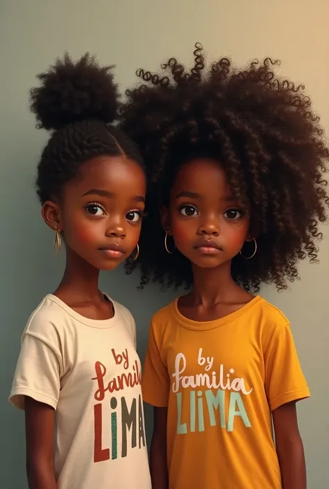 Two dark-skinned girls  ,  one with short curly hair and the other with long curly hair wearing a shirt written by Familia Lima