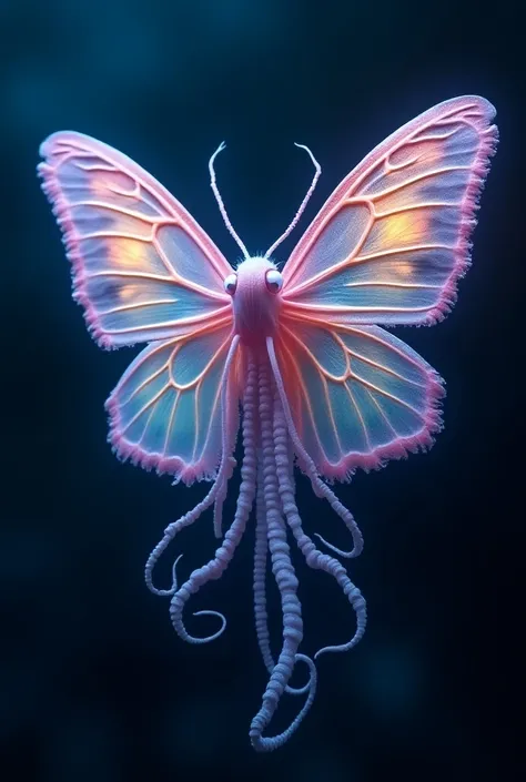 a fusion of moths and sea jellyfish, beautiful hybrid creature, glowing bioluminescent tentacles, ethereal and otherworldly, intricate patterns, vibrant colors, (best quality,4k,8k,highres,masterpiece:1.2),ultra-detailed,(realistic,photorealistic,photo-rea...