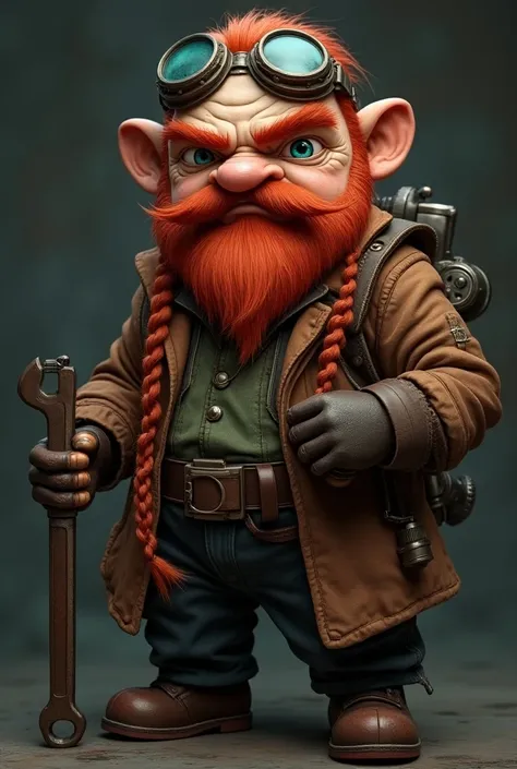 ,( ,4K,8k,  High resolution  ,  masterpiece:1.2),super detailed,  full body , dwarf, eyes, mature face,  steampunk mechanic ,  holding a large wrench,  red hair with braids , red beard with braids , futurist, With gadgets , with protective glasses on his f...