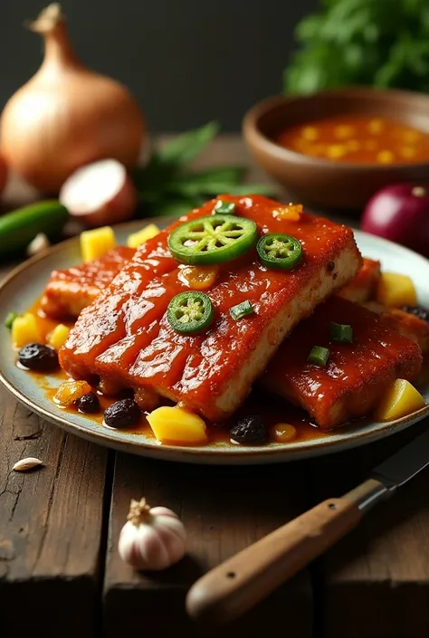 Create an image of fried pork ribs with pineapple sauce in pieces, sliced jalapeño accompanied by raisins, served on a plate on a table decorated with onions, garlic and kitchen utensils.