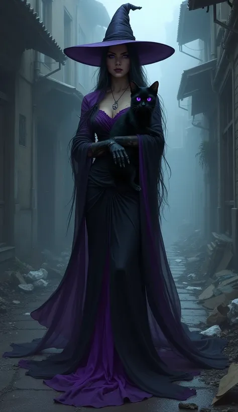  a female entity wearing a long dress in the colors black and purple ,wearing a very dark purple hat her eyes were purple .  she is holding a black cat with purple eyes and smoking cigarettes in a city alley with garbage on the floor, The city had a thick ...