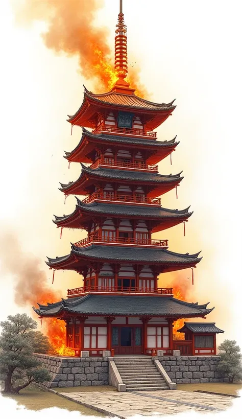  A tall Japanese house or temple in a front position the temple is on fire as if it were burning. slightly destroyed and broken by flames .  The color drawing style with high details in the shadows and soft textures . You can see the pencil stroke in some ...