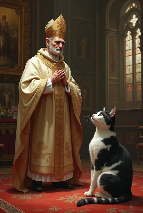 Create a picture of me as Pope ,  who canonizes Martha the cat by Arnd who is spotted black and white 