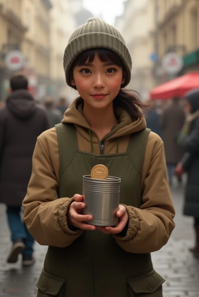 Person collecting money, but 
The tin can for the collection is small, And let the   "DOMUND " In the can