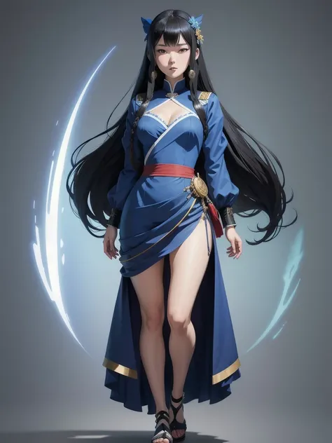 anime girl in a blue dress with long black hair, a character portrait inspired by Li Chevalier, pixiv, shin hanga, anime full body illustration, full body illustration, single character full body, full-body character portrait, character full body portrait,...