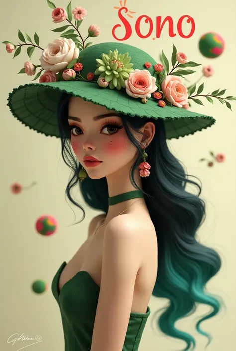 Un rendu 3D captivant et de haute qualité de Lizet, une femme rayonnante qui incarne la mode et le flair artistique. Elle porte un superbe chapeau Vert décoré dune charmante gamme de fleurs roses, Vertes et blanches. Ses charmants cheveux, un mélange de co...