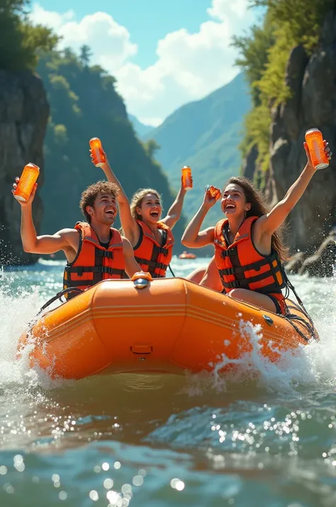 Several people drinking orange canned drinks while rafting