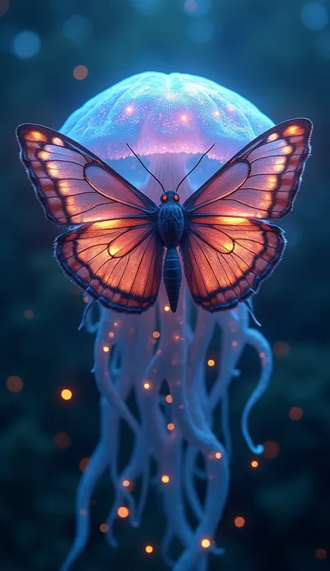 a fusion of moths and sea jellyfish, beautiful hybrid creature, glowing bioluminescent tentacles, ethereal and otherworldlysplash art, Cozy mystery, masterpiece 8k wallpapper, neoplasticism, Unreal Engine, dramatic lighting