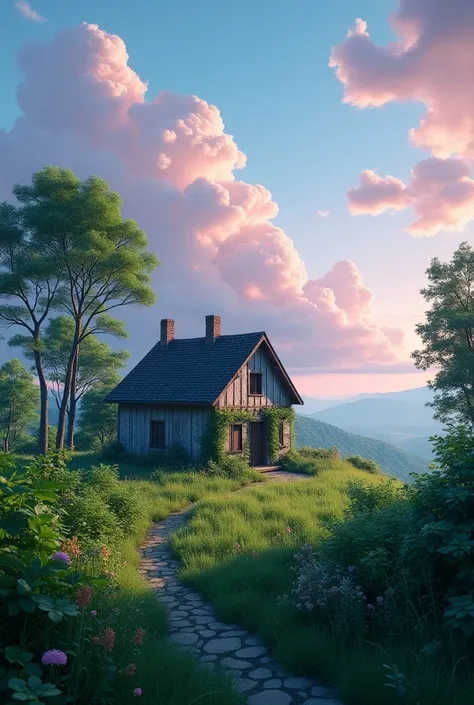 A house, foreground covered with overgrown green grass and vegetation,dark green is important. Purple  realistic Cirrocumulus Cloud. Every Clouds are shiny. distance angle view,hd detail,8k,realistic is more important 