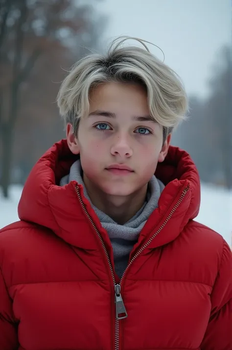 Make an 18 year old teenager with silver hair and gray eyes in a red down jacket