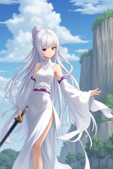 Cliff dwellers,Chinese anime,Ancient Chinese costume,Thin white dress,
,Long white hair,Purple eyes, holding a sword, High Definition , See the butt, Nothing Closes Ass,เห็นหีSee the butt