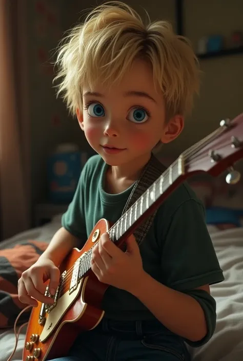  boy, with realistic blue-eyed blond face playing electric guitar in a bedroom