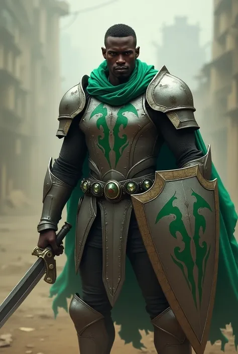 23 Year old Black human man who is a paladin of oath of vengence in dnd. Wearing a Grey armor with a green symbol of hate on the chest of the armor and a green scarf around his hip. While Holding an african longsword and shield, Standing in a battle positi...