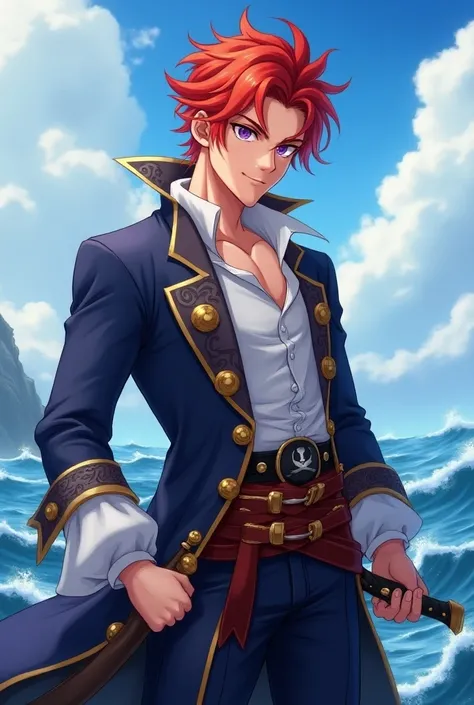 Young pirate man. Red hair and amethyst purple eyes. anime version 