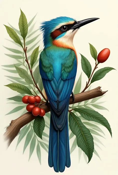 I want you to make an illustration in which you include a blue-crowned momoto bird, that the bird is realistic and I would like it to see only half of its body and that it has elements of the coffee nature and a coffee branch with its fruits and leaves tha...