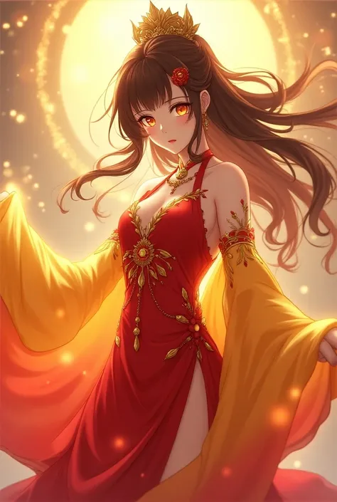 A brown-haired goddess dressed in red and yellow eyes in anime 