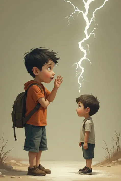  Create an image of a boy who jumped up,  as if a lightning bolt had hit the ground . He rubbed his eyes .  He looked closely . And I saw a completely ordinary boy , Who was staring at him .