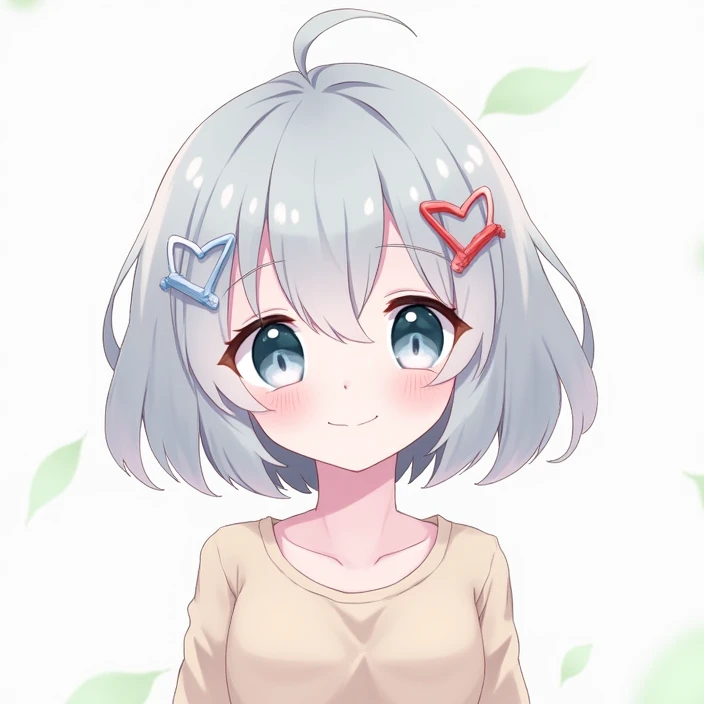  little character ,High image quality,girl, short hair,Silver Hair,Blue-gray eyes,light blue all , red and light blue hairpins,Hair accessories,cute, fluffy vibe, blushes,  looks, smile,  simple background,  High Resolution , Best Quality, Illustration , 