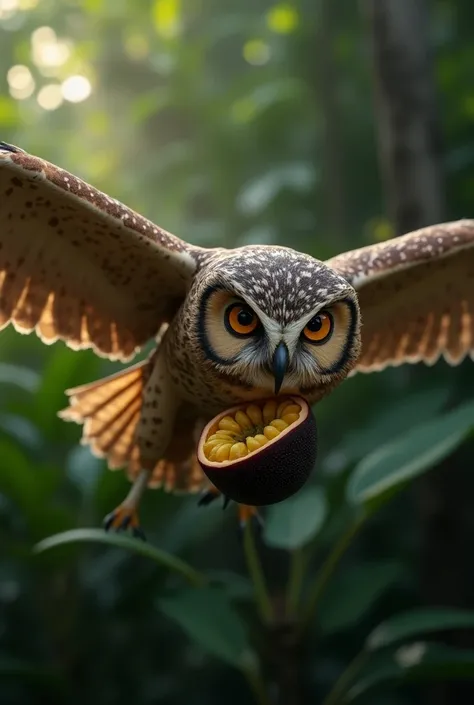 Owl with passion fruit in its beak