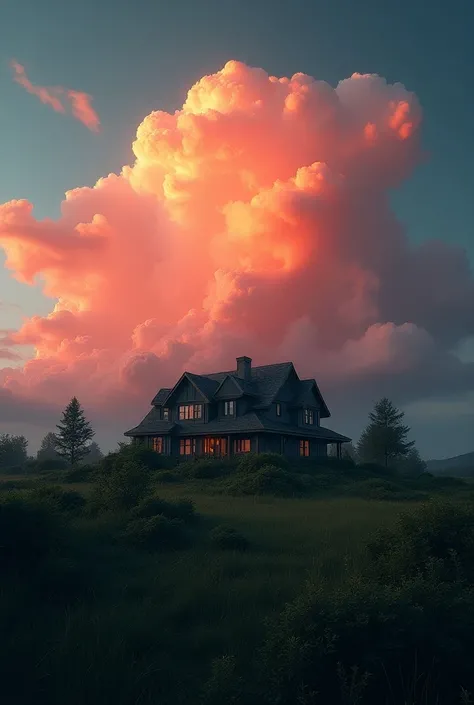 A house, foreground covered with overgrown green grass and vegetation,dark green is important. Red,orange, pink and black realistic Cirrocumulus Clouds,sky is full of beautiful clouds. Every Clouds are shiny. distance angle view,hd detail,8k,realistic is m...