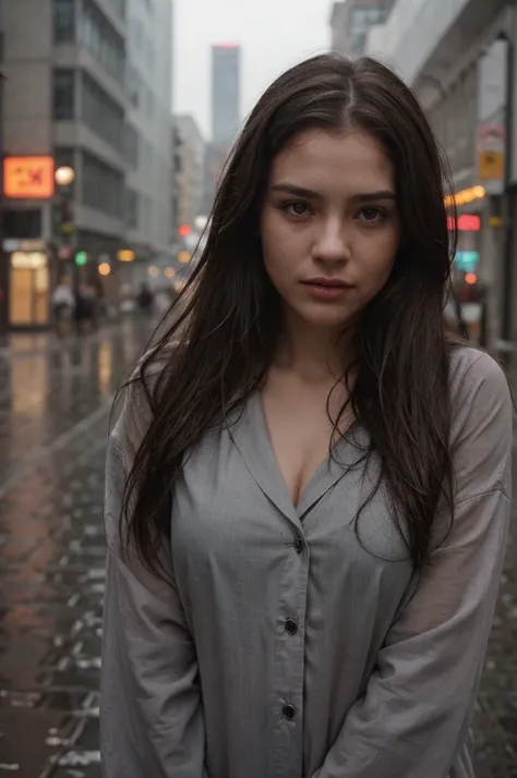 A woman walking in the rain on the street, long brown hair, wet hair, rain, city street, urban environment, wet clothes, umbrella, overcast sky, moody lighting, cinematic, dramatic lighting, detailed face, beautiful eyes, realistic, photorealistic, hyper d...