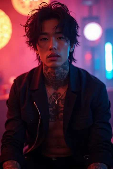 A full-bodied Asian man has long hair around his ears, hes wearing a jacket, he has lettering tattoos on his neck and arms, hes on a record label and with colorful lights that look like a discotheque, and the man looks like an Idol from Kpop that the photo...