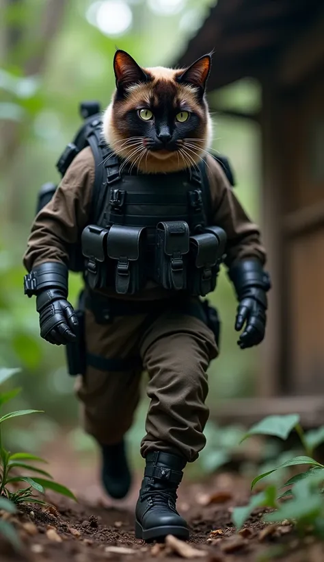 Scene 4: The First Strike
The Siamese cat, now deep in enemy territory, dons a rugged black tactical vest fitted snugly around his thick, luxurious fur. The vest is adorned with utility pouches, each bulging with essential gear, while his matching black he...