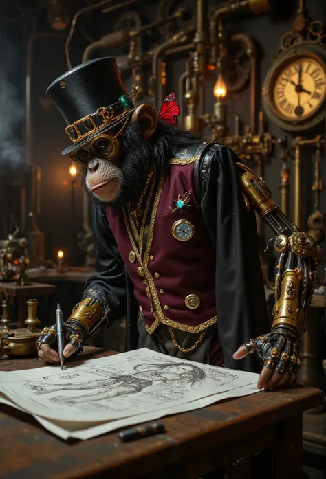 in a dimly lit, atmospheric steampunk tinker workshop, a cyberpunk chimpanzee is intensely focused, sketching intricate blueprin...