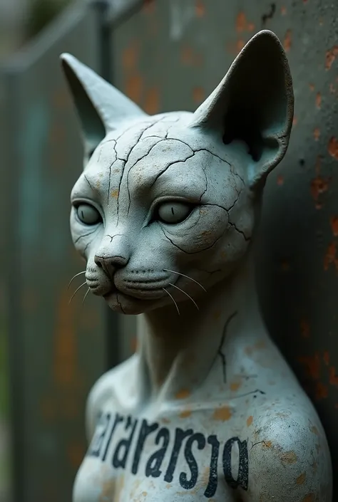 graffitied cat head statue with the words ((CARAMARSH)) with closed eyes, cracked details and high resolution, cinematic, 8k