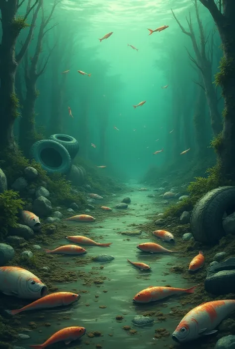 A cartoon-style drawing of a river ,  but as if it were under water, with dead fish and with a lot of rubbish, Dirty water 