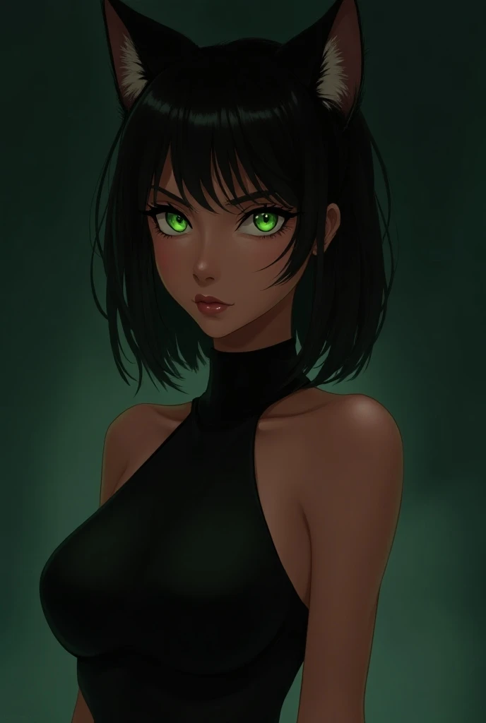 anime woman with brown skin and cat ears and green eyes wearing a black outfit