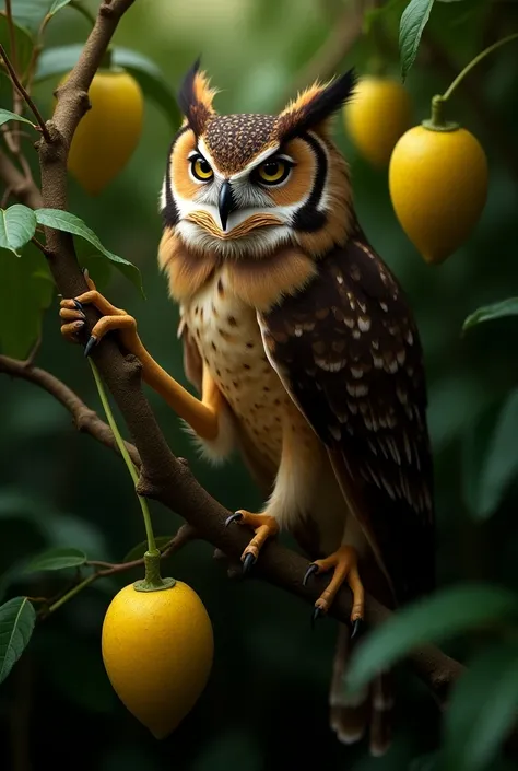 Owl with a yellow passion fruit 