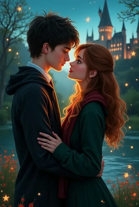 Harry Potter and Hermione in love at Hogwarts (excited)