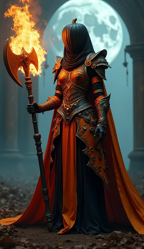 A woman, a Halloween warrior wearing a black pumpkin head and using a huge flaming axe, squatting on the ground, dark wizard costume, mage robe based on a toucan, masquerade, moon themed costume, fantasy style 8k octane Rendering, Gorgeous Cosplay, Celebra...