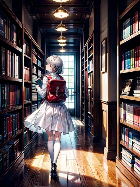 A girl in a white dress standing in front of a bookshelf 、Trying to take a book。Carrying a backpack、白いワンピースを着た一人の女の子。Rear view。