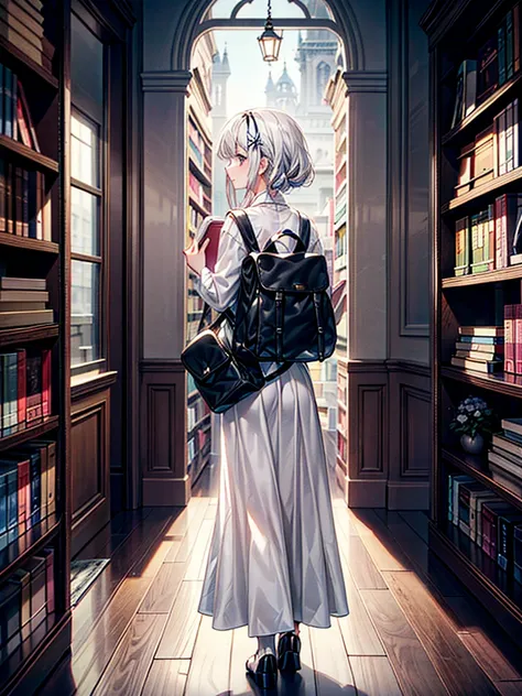 A girl in a white dress standing in front of a bookshelf 、Trying to take a book。Carrying a backpack、白いワンピースを着た一人の女の子。Rear view。