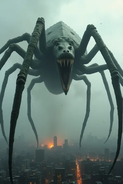 Create a spider mixed with a very terrifying giant crocodile bigger than a city 